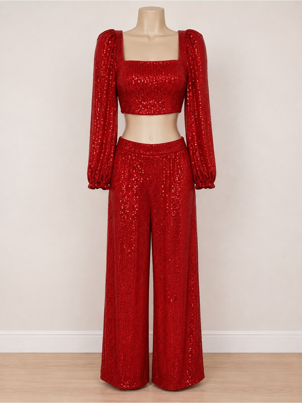 Red Sequin Wide-Leg Pant & Crop Top Set